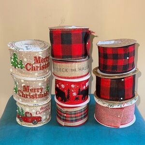 Holiday Plaid & Festive Print Christmas Ribbon Set - Red